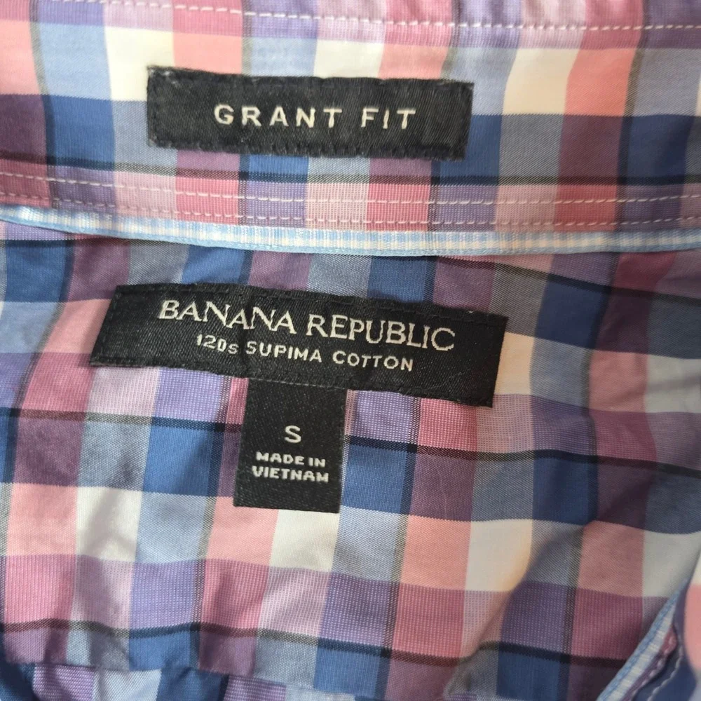 Banana Republic Mens S Blue Pink Plaid Button Down Grant Fit Supima Cotton Shirt